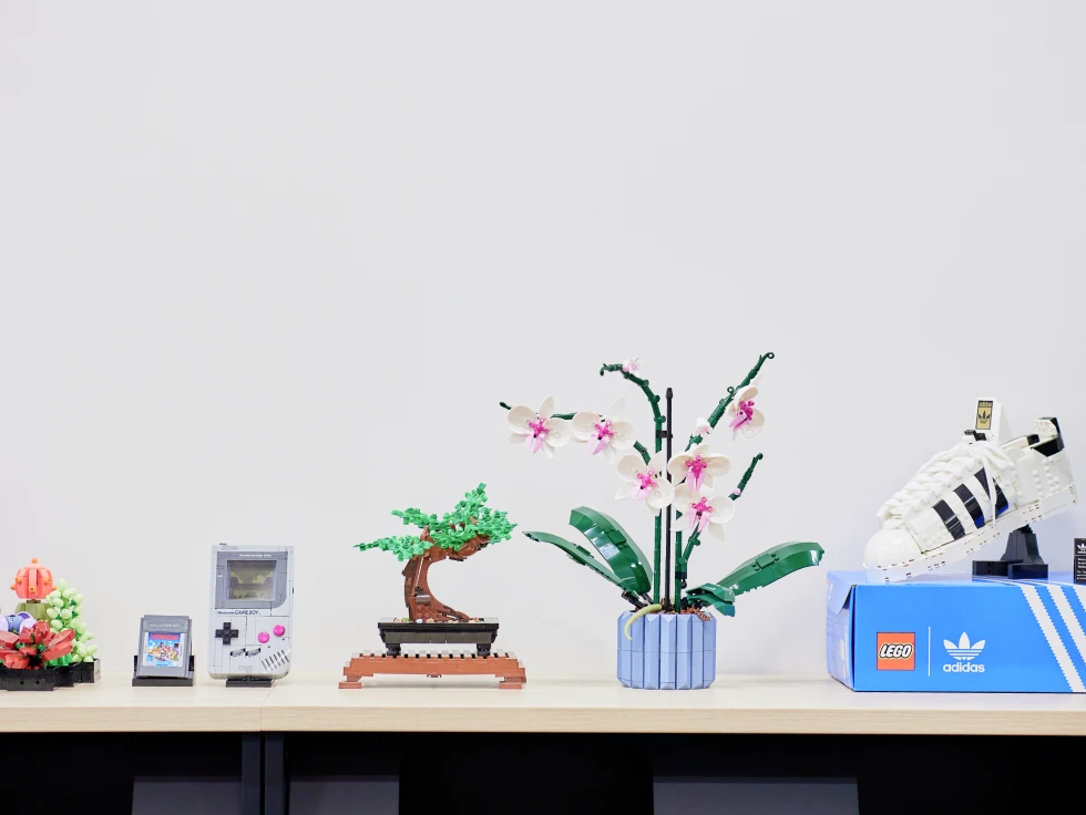 クエイル社内風景 - レゴの盆栽やスニーカーが飾られた棚