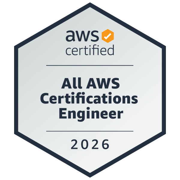 AWS Certified badge reading 'All AWS Certifications Engineer' with year 2026 on a hexagonal badge backdrop